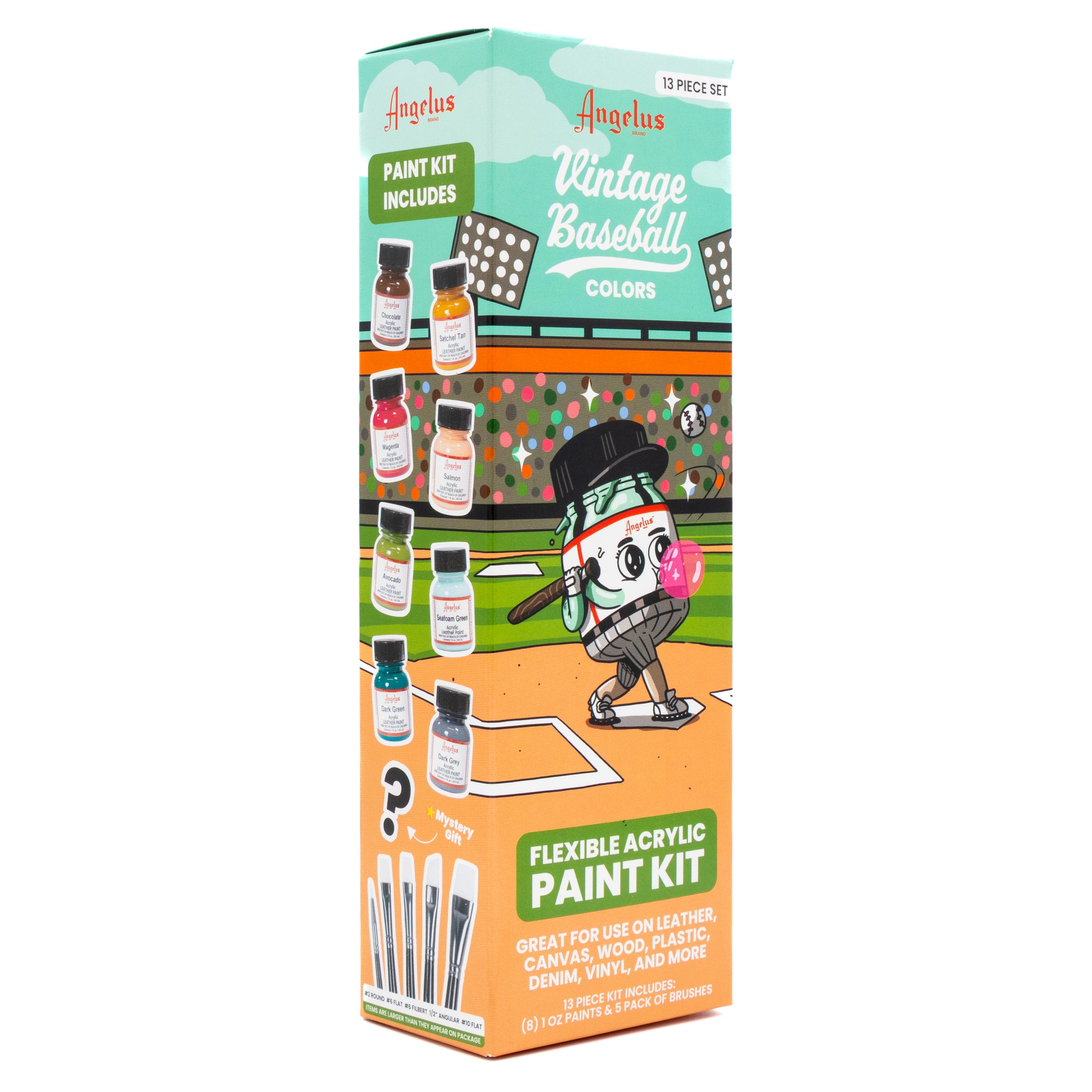 Angelus 13-Piece Vintage Baseball Paint Kit for custom shoes and leather goods – complete kit with classic baseball-inspired colors - front angle of box