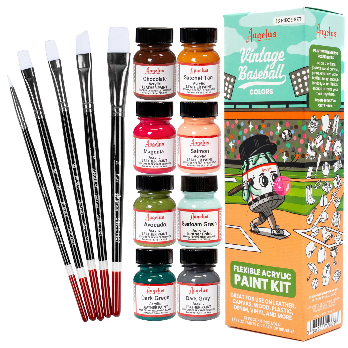 Angelus 13-Piece Paint Kit – Vintage Baseball colorway flat lay with acrylic leather paints and tools on white background