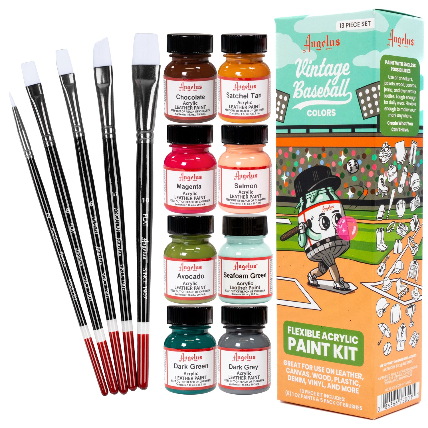 Angelus 13-Piece Paint Kit – Vintage Baseball colorway flat lay with acrylic leather paints and tools on white background