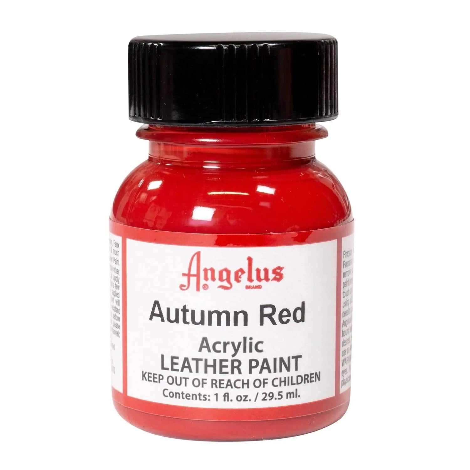 Technical view of a bottle of Angelus Autumn Red Acrylic Leather Paint with professional gold labeling.