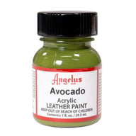 Technical view of a bottle of Angelus Avocado Green Acrylic Leather Paint with professional gold labeling.