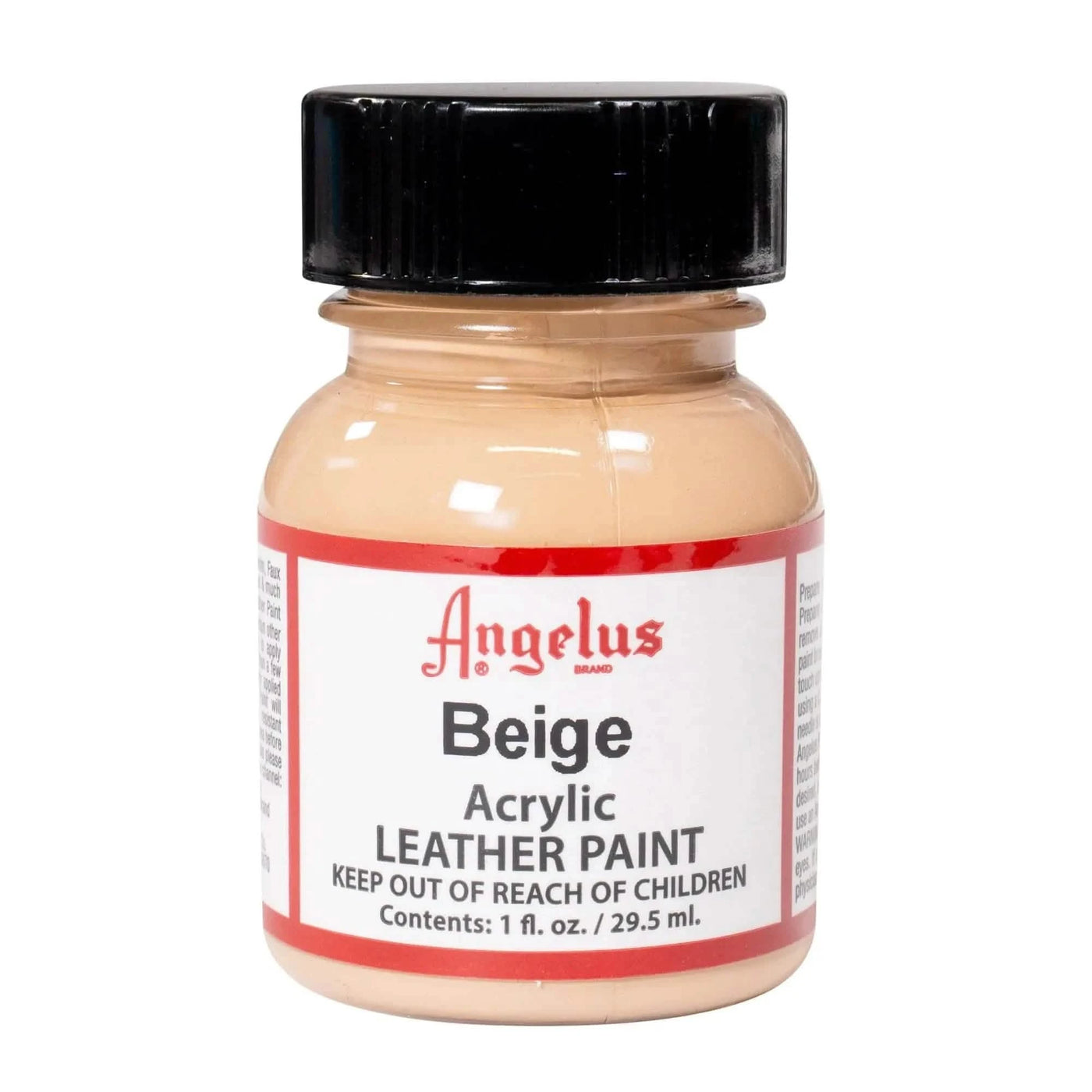 A 1 oz bottle of Angelus Beige Acrylic Leather Paint with the signature gold brand label and white cap.