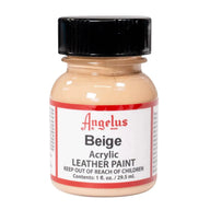 A 1 oz bottle of Angelus Beige Acrylic Leather Paint with the signature gold brand label and white cap.