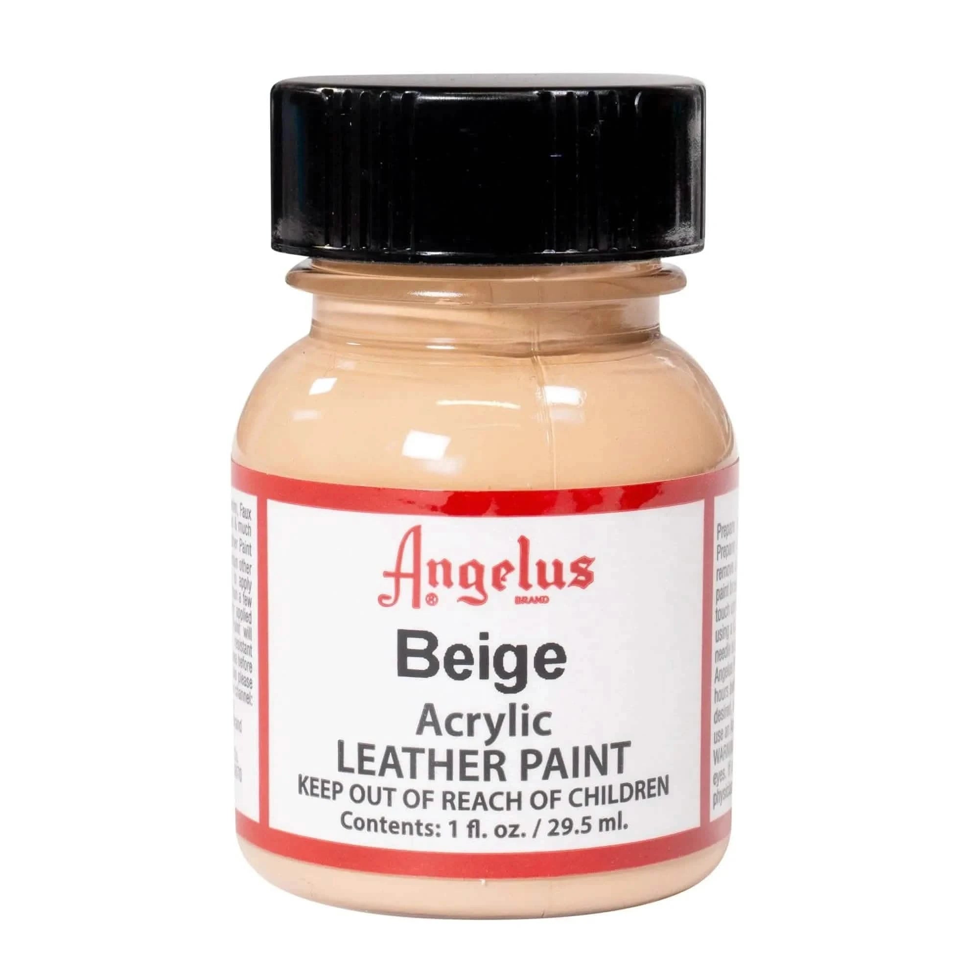 A 1 oz bottle of Angelus Beige Acrylic Leather Paint with the signature gold brand label and white cap.
