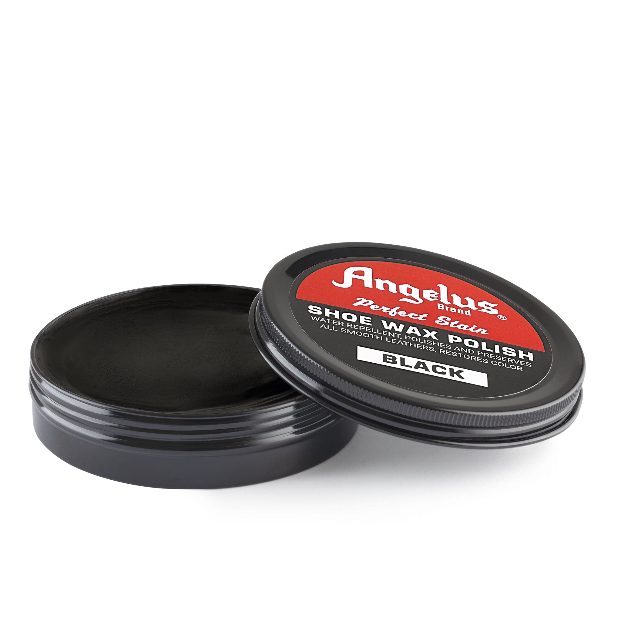 Angelus Black Shoe Wax Polish - 3/4 angle view of open tin and wax texture