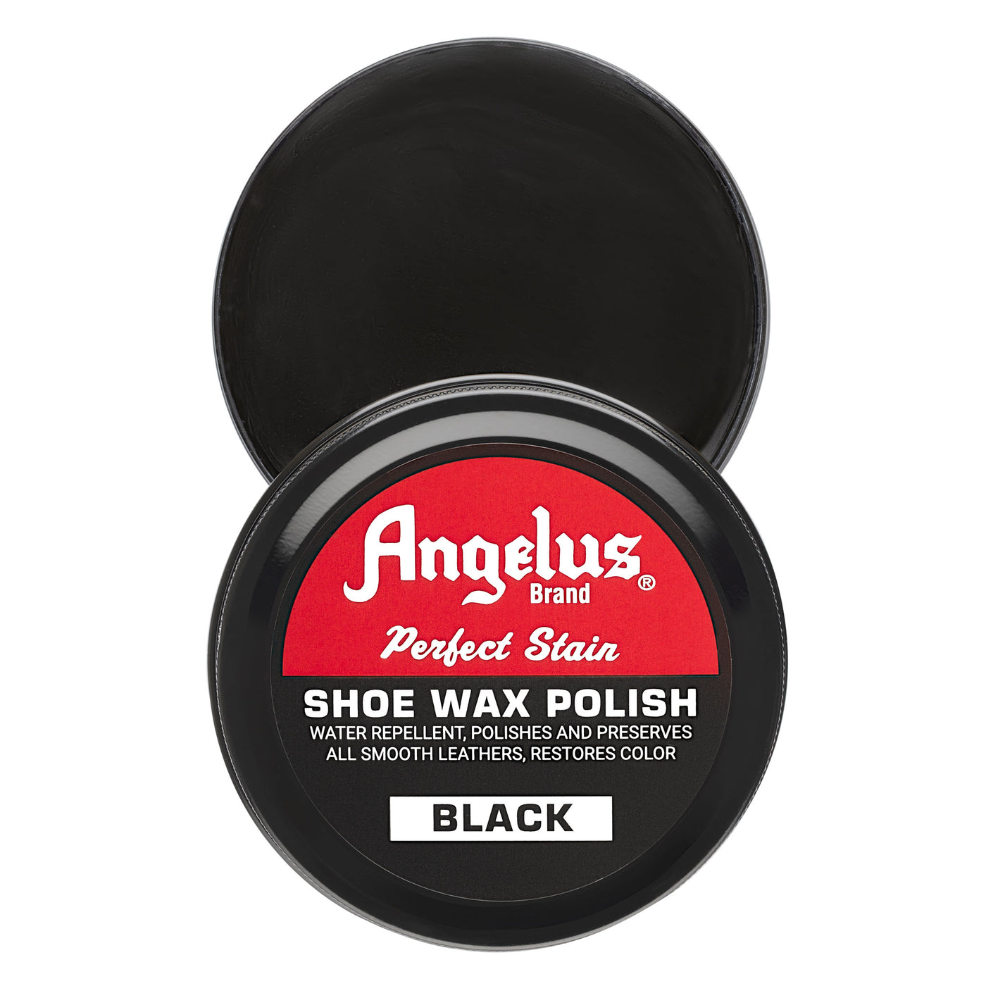 Angelus Black Shoe Wax Polish - Top down view showing smooth black wax color