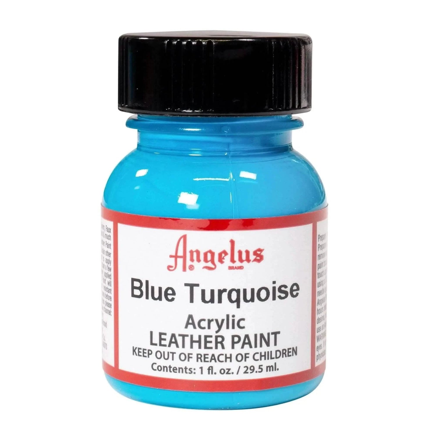 A professional 1 oz bottle of Angelus Blue Turquoise Acrylic Leather Paint with a gold label and white cap.