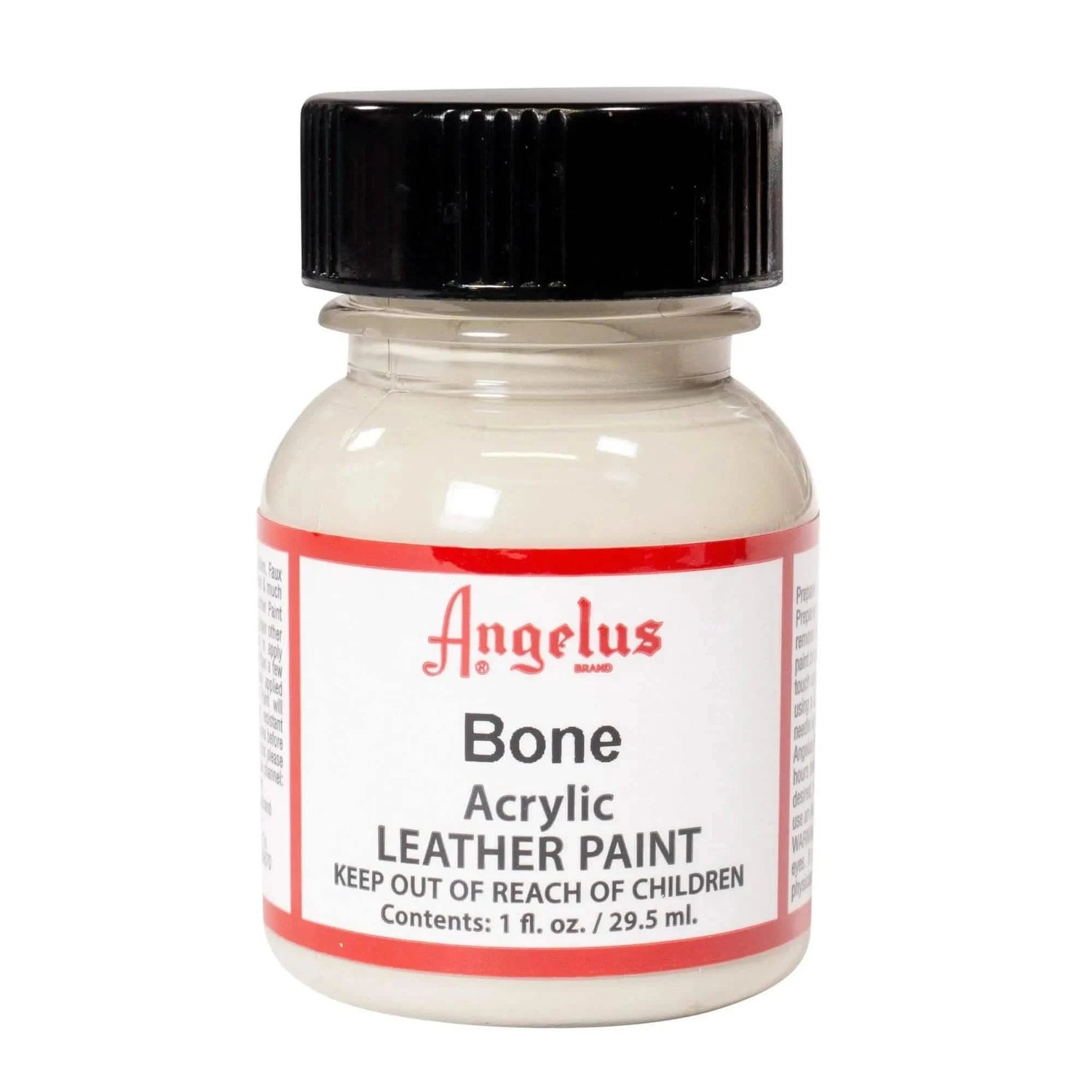 Technical view of a bottle of Angelus Bone Acrylic Leather Paint with professional gold labeling.