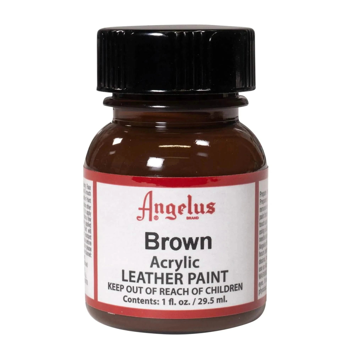 Technical view of a bottle of Angelus Brown Acrylic Leather Paint with professional gold labeling.