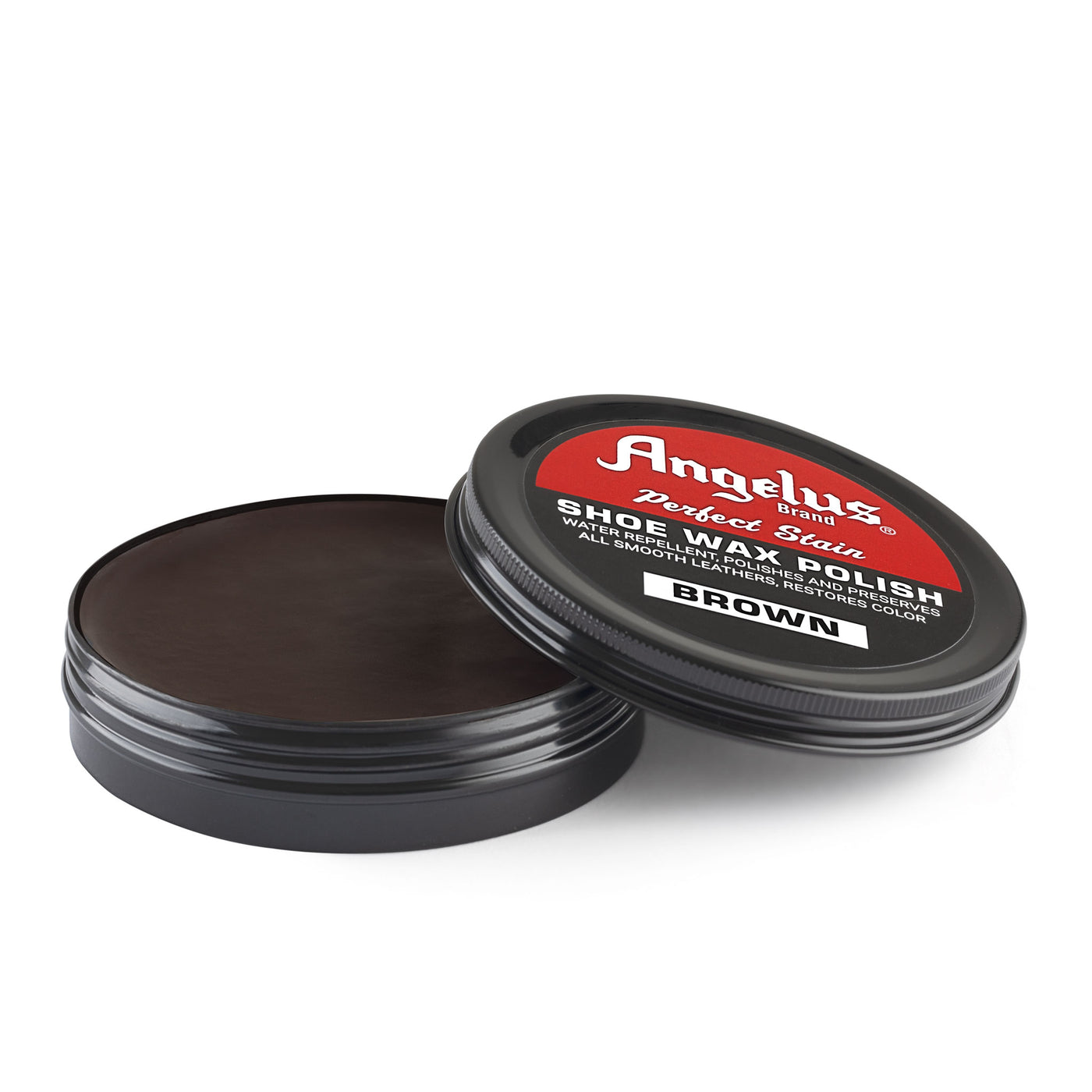 Angelus Brown Shoe Wax Polish - 3/4 angle view of open brown leather wax