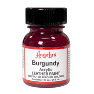 Technical view of a bottle of Angelus Burgundy Acrylic Leather Paint with professional gold labeling.