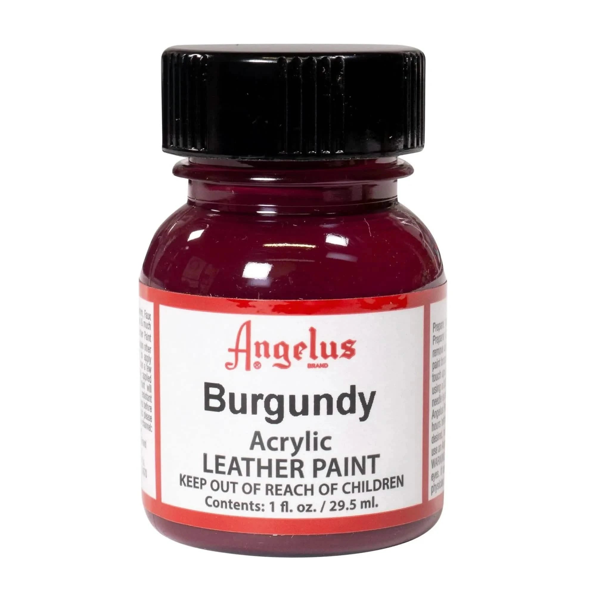 Technical view of a bottle of Angelus Burgundy Acrylic Leather Paint with professional gold labeling.