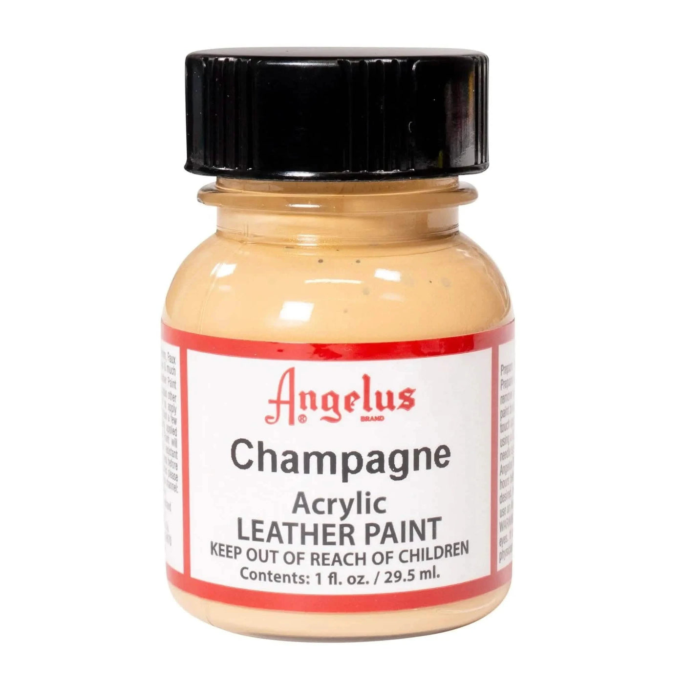 Technical view of a bottle of Angelus Metallic Champagne Acrylic Leather Paint with professional gold labeling.