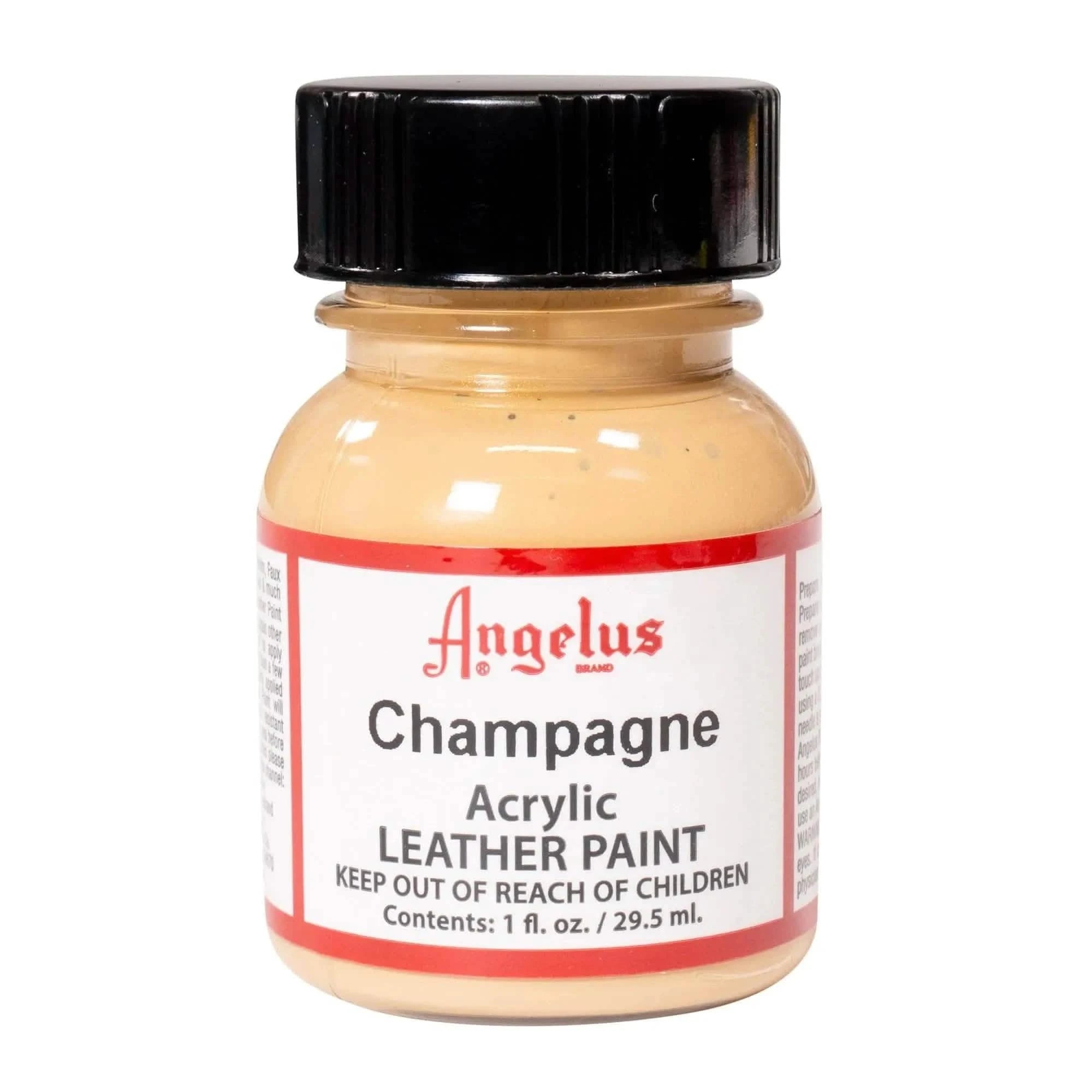 Technical view of a bottle of Angelus Metallic Champagne Acrylic Leather Paint with professional gold labeling.