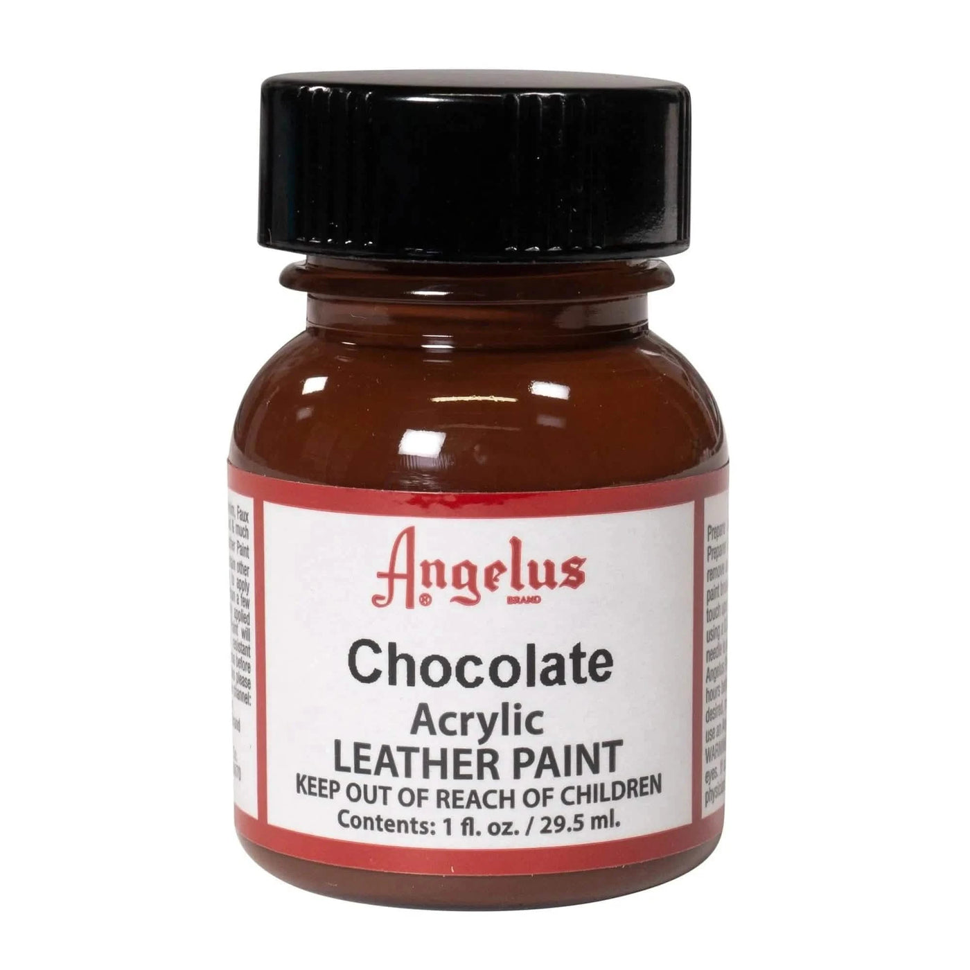 A single bottle of Angelus Chocolate Acrylic Leather Paint featuring the signature gold and black label.