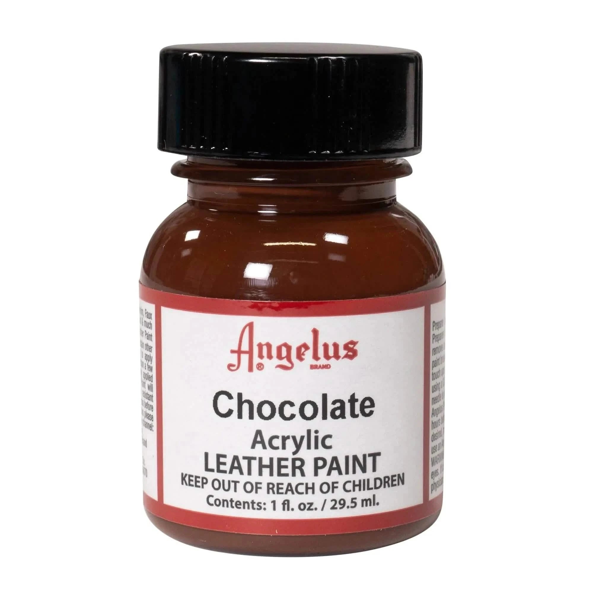 A single bottle of Angelus Chocolate Acrylic Leather Paint featuring the signature gold and black label.