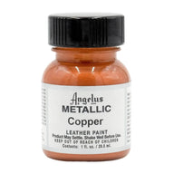 Technical view of a bottle of Angelus Copper Acrylic Leather Paint with professional gold labeling.