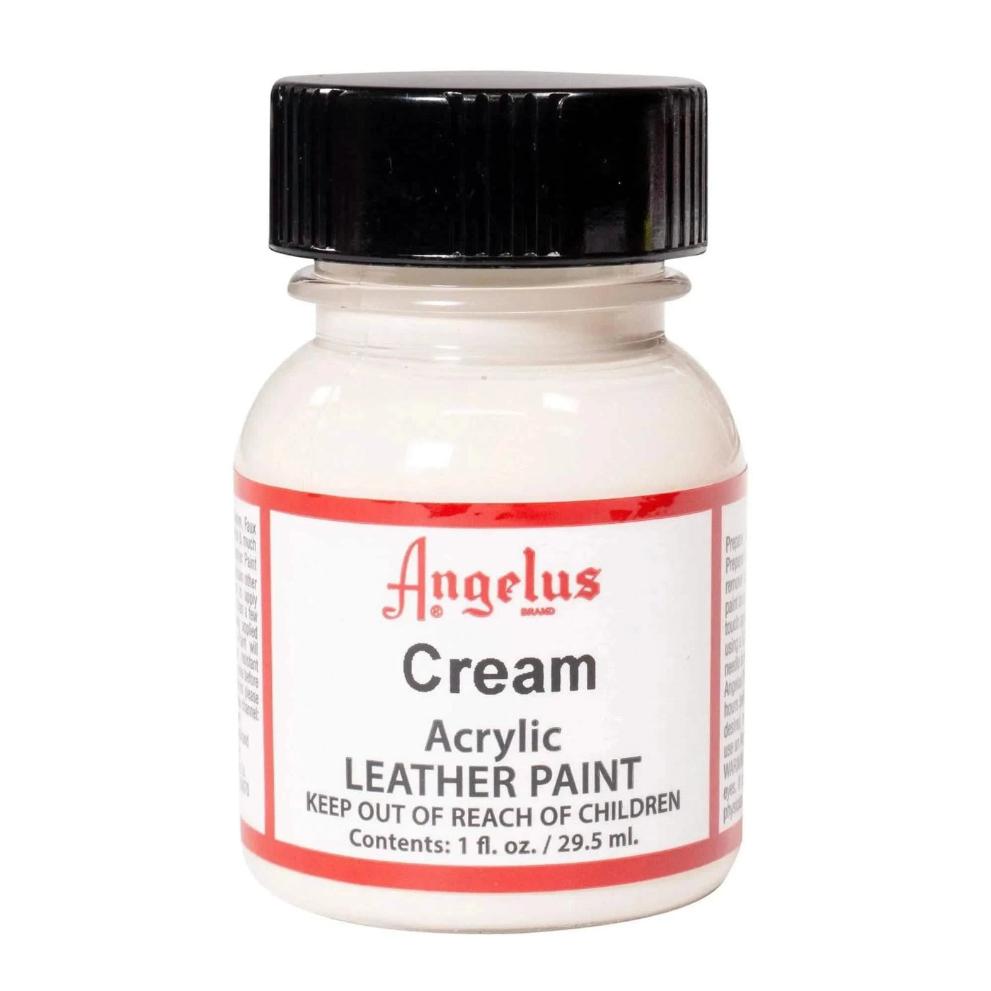 Technical view of a bottle of Angelus Cream Acrylic Leather Paint with professional gold labeling.