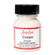 Technical view of a bottle of Angelus Cream Acrylic Leather Paint with professional gold labeling.