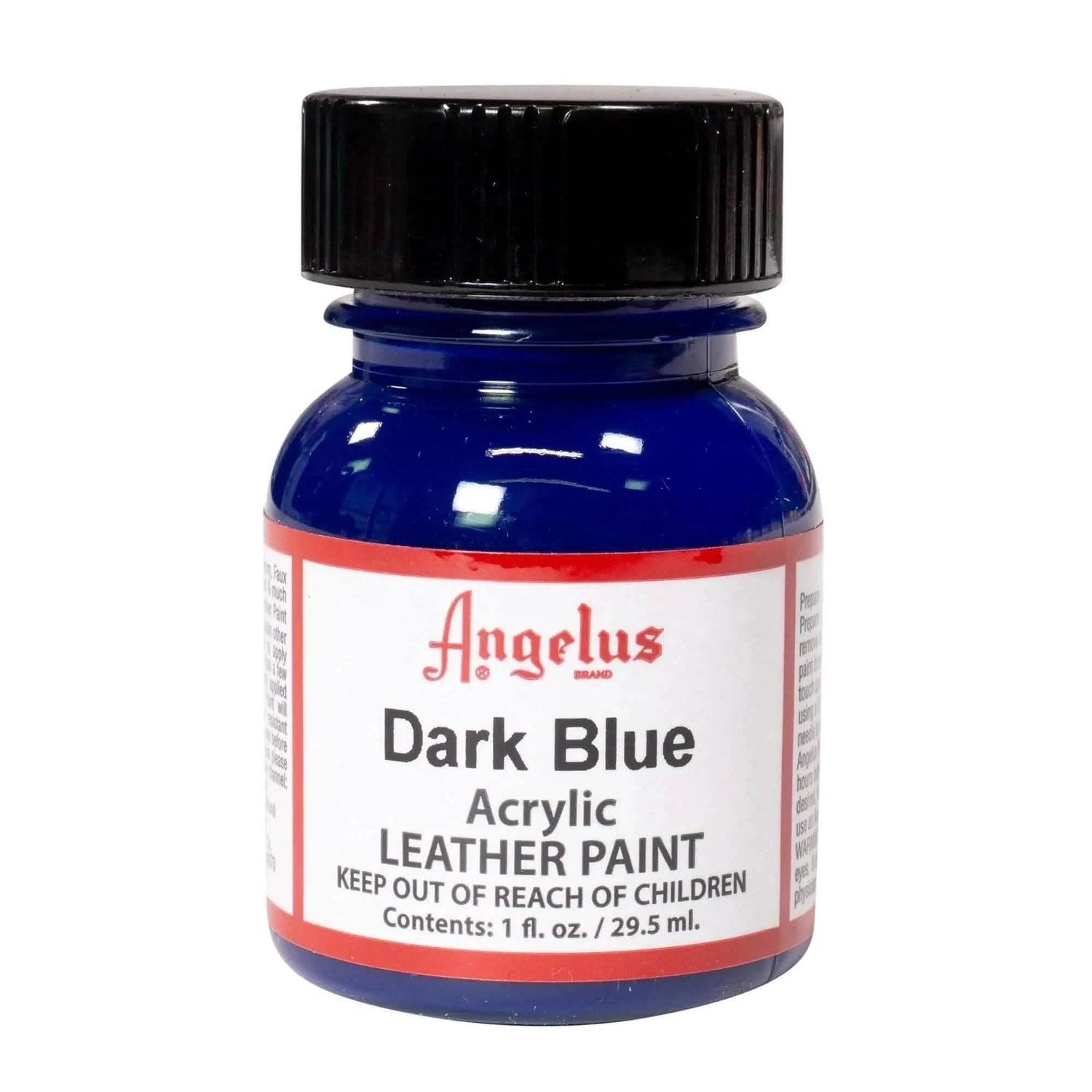 Technical view of a bottle of Angelus Dark Blue Acrylic Leather Paint with professional gold labeling.