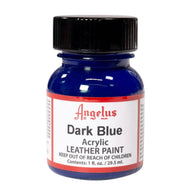 Technical view of a bottle of Angelus Dark Blue Acrylic Leather Paint with professional gold labeling.