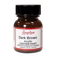 Technical view of a bottle of Angelus Dark Brown Acrylic Leather Paint with professional gold labeling.