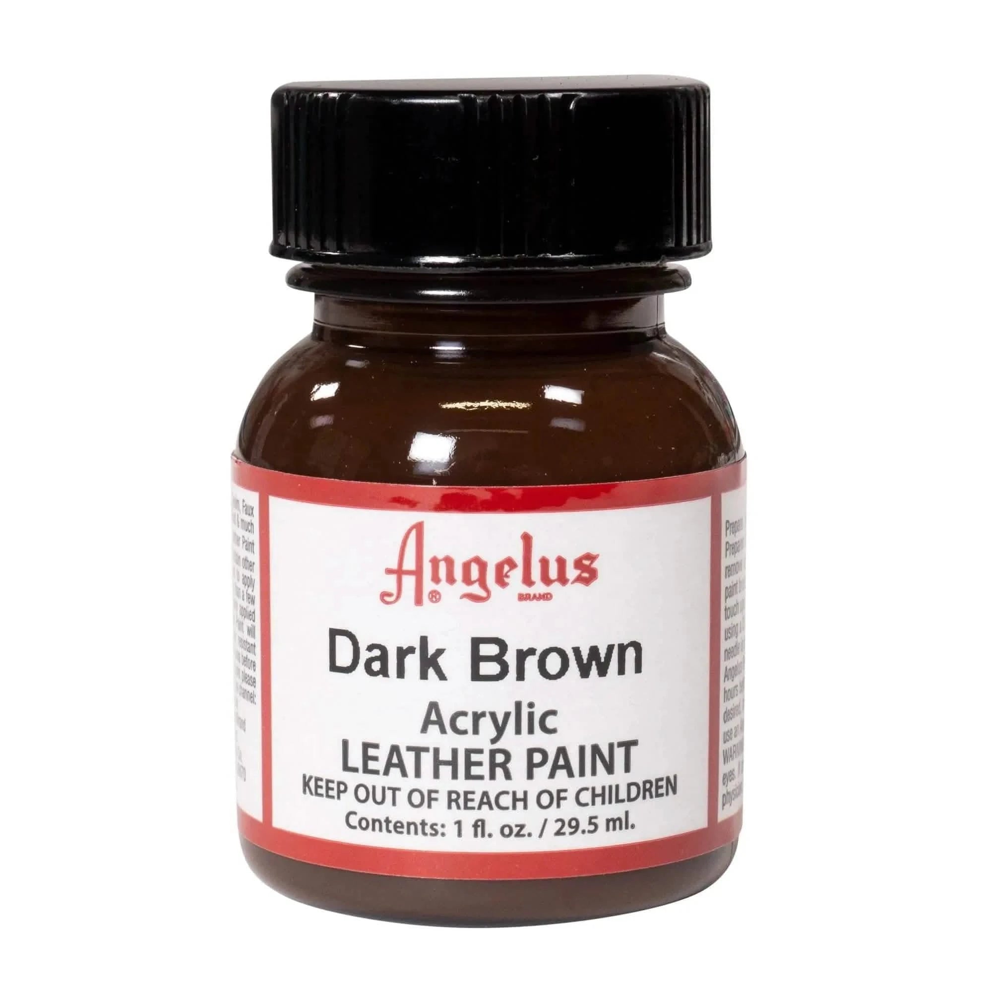 Technical view of a bottle of Angelus Dark Brown Acrylic Leather Paint with professional gold labeling.