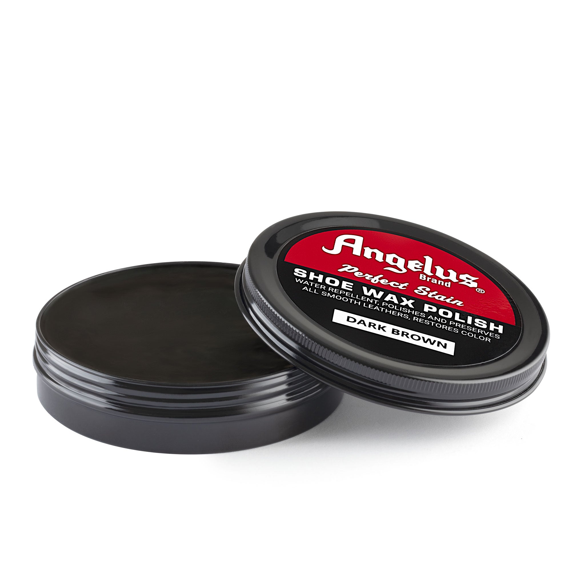Angelus Dark Brown Shoe Wax Polish - 3/4 angle view of open dark brown wax tin
