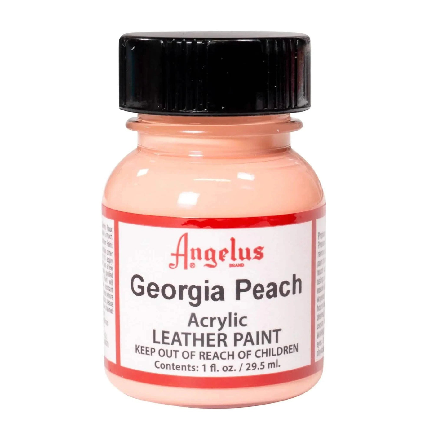 Technical view of a bottle of Angelus Georgia Peach Acrylic Leather Paint with professional gold labeling.