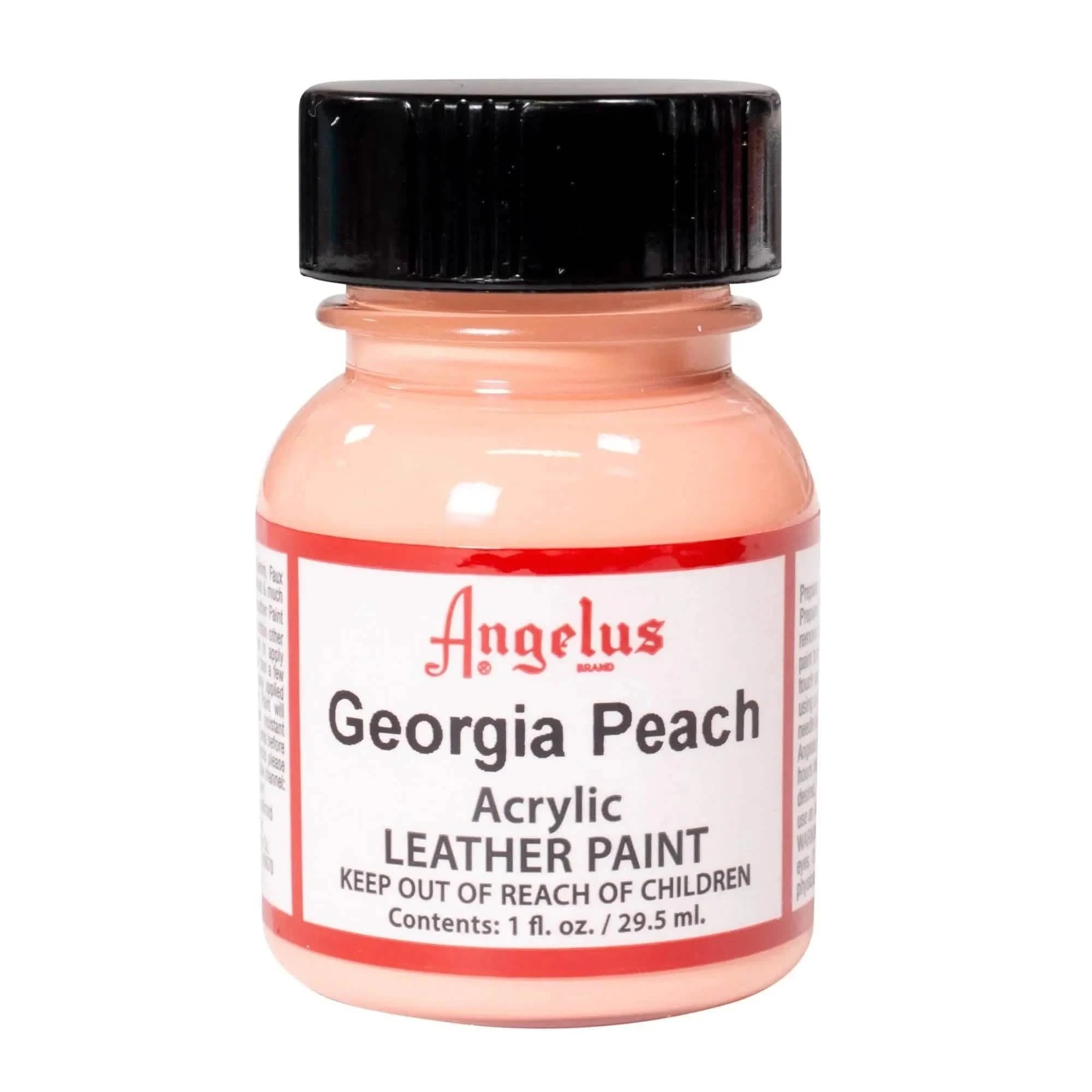 Technical view of a bottle of Angelus Georgia Peach Acrylic Leather Paint with professional gold labeling.