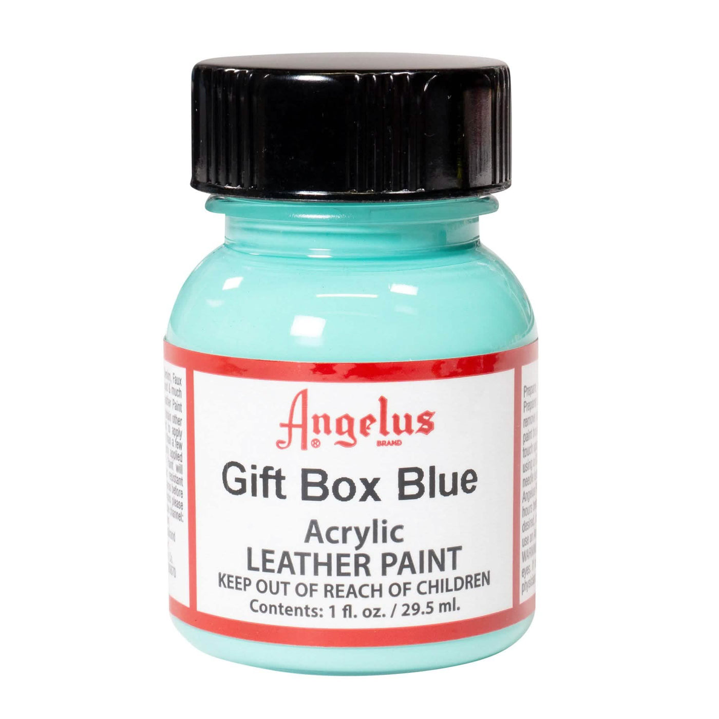 Technical view of an Angelus Gift Box Blue Acrylic Leather Paint bottle with professional gold labeling.