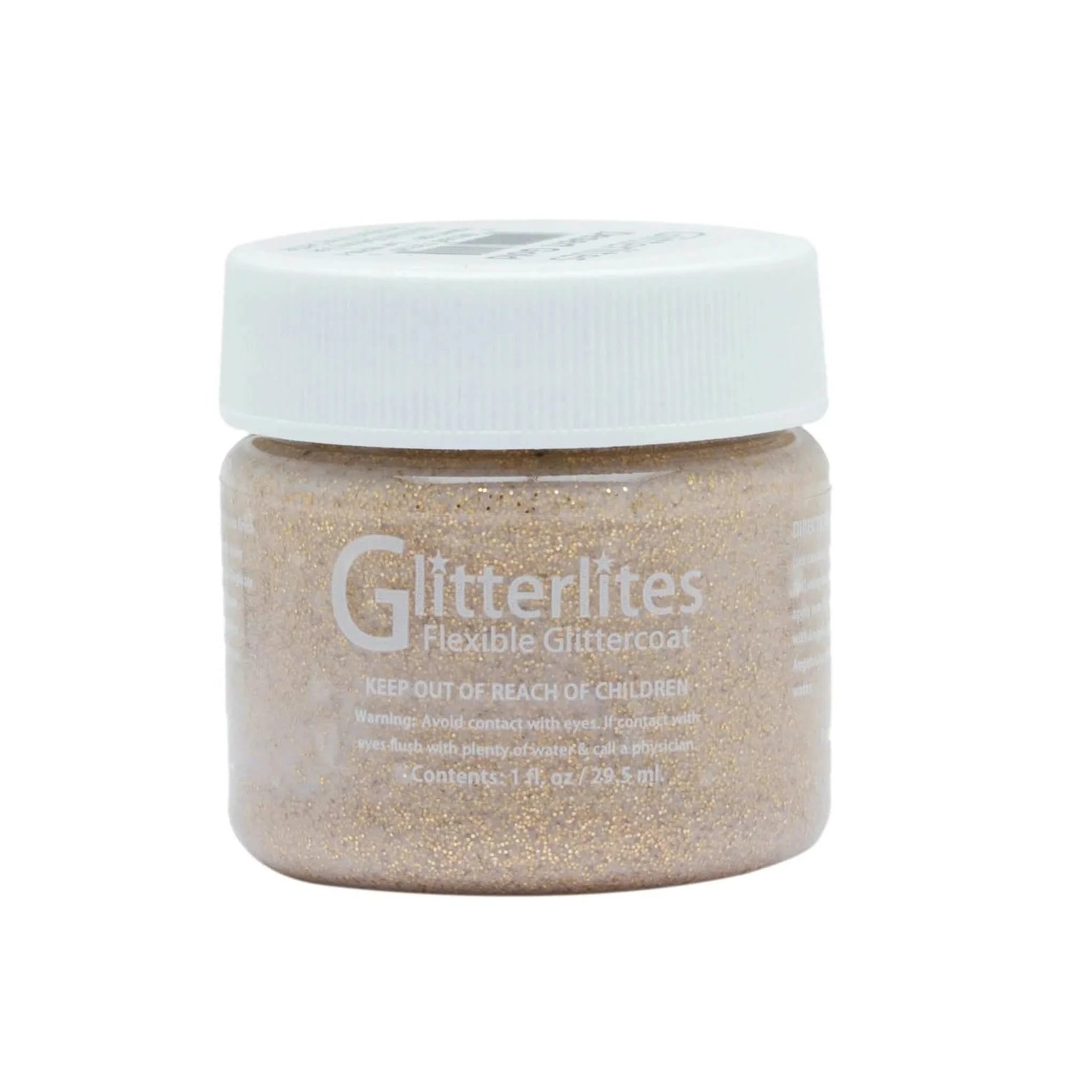 Technical view of a bottle of Angelus Desert Gold Glitterlites Acrylic Paint with professional labeling.