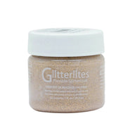 Technical view of a bottle of Angelus Desert Gold Glitterlites Acrylic Paint with professional labeling.