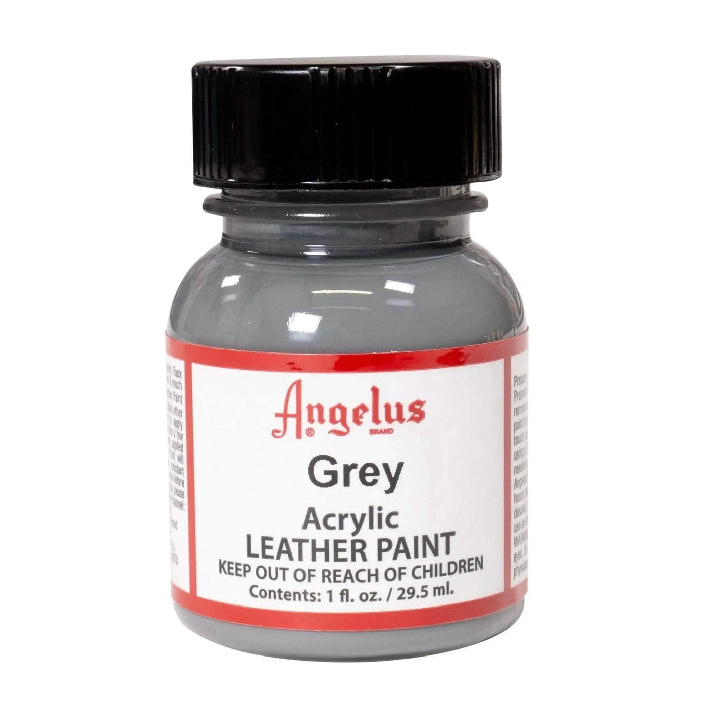 Technical view of a bottle of Angelus Grey Acrylic Leather Paint with professional gold labeling.