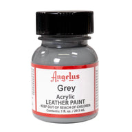 Technical view of a bottle of Angelus Grey Acrylic Leather Paint with professional gold labeling.