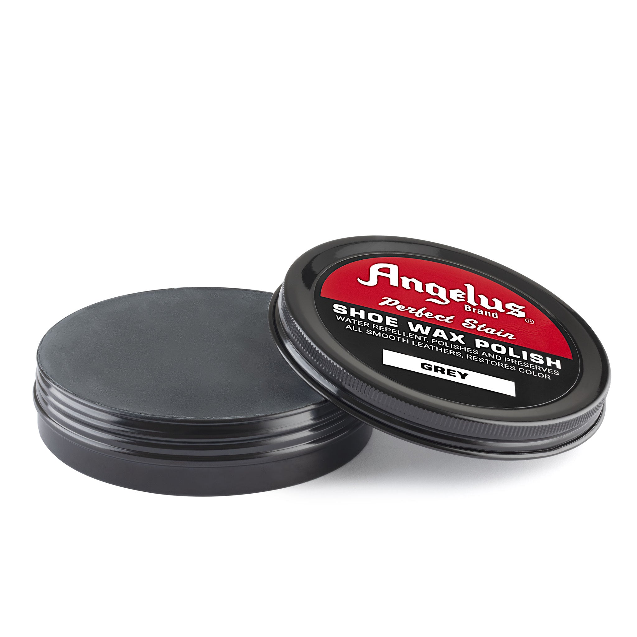 Angelus Grey Shoe Wax Polish - 3/4 angle view of open grey leather wax tin