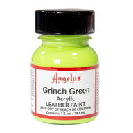 Technical view of a bottle of Angelus Grinch Green Acrylic Leather Paint with professional gold labeling.