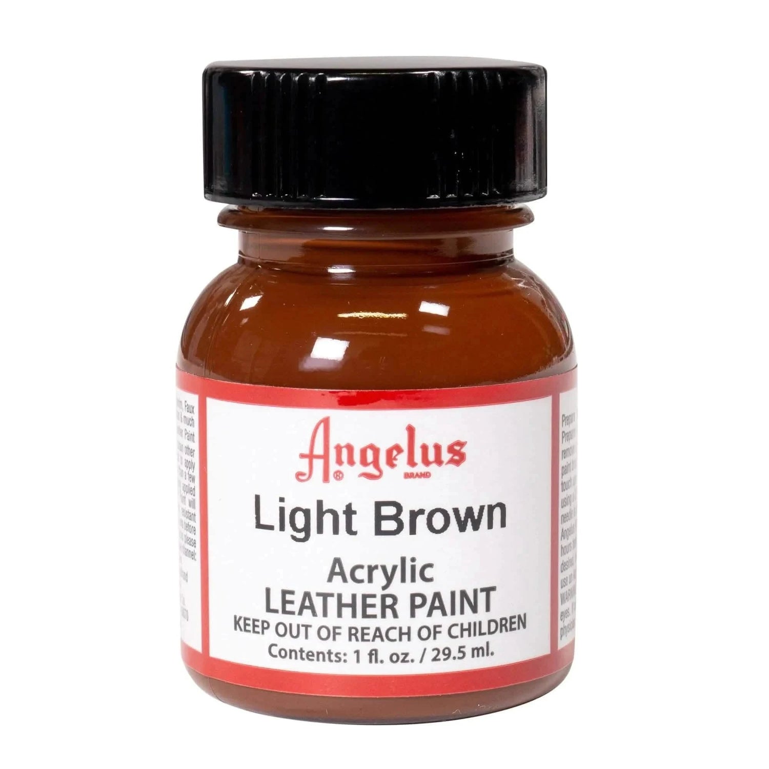 Technical view of a bottle of Angelus Light Brown Acrylic Leather Paint with professional gold labeling.