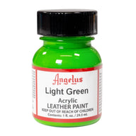 Technical view of a bottle of Angelus Light Green Acrylic Leather Paint with professional gold labeling.