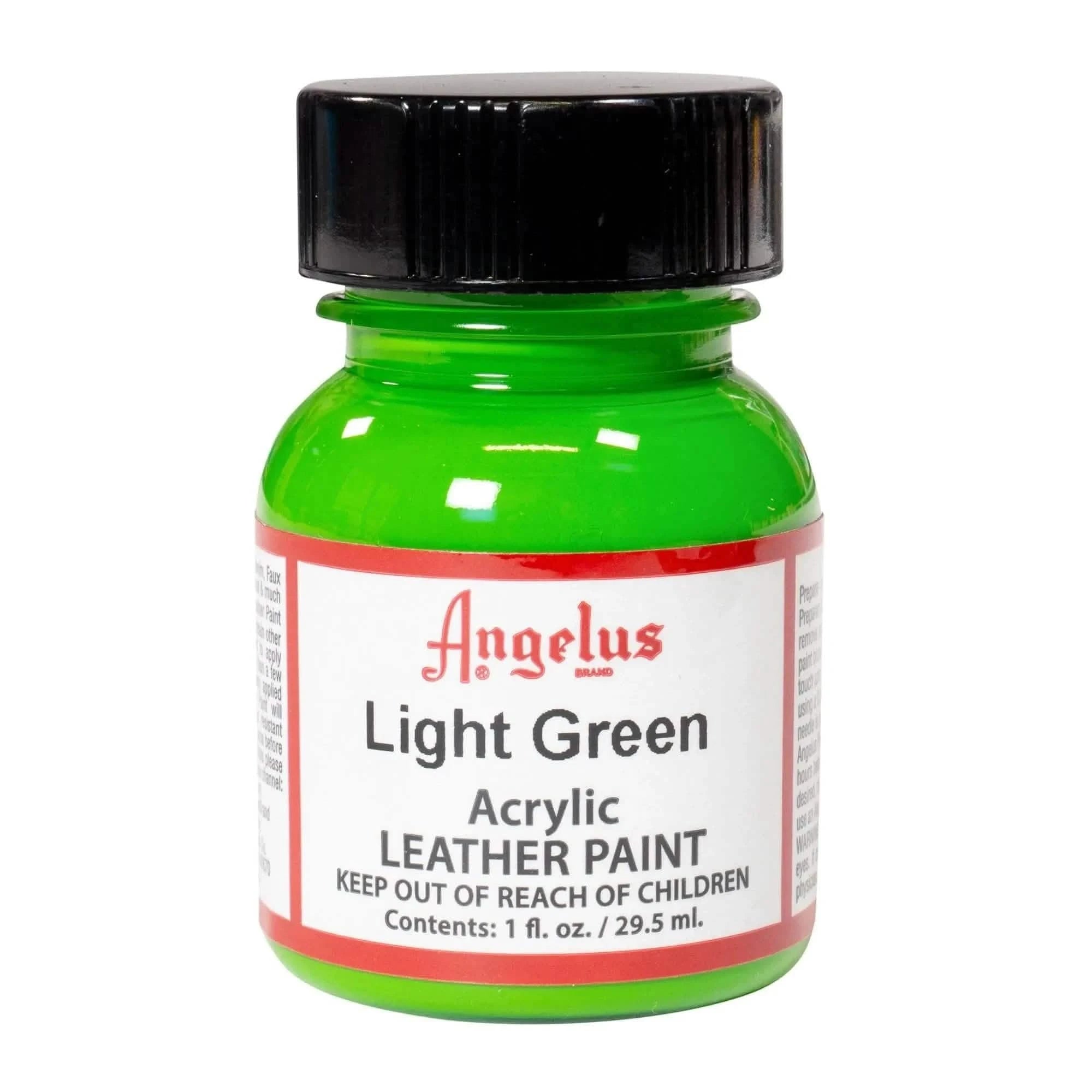 Technical view of a bottle of Angelus Light Green Acrylic Leather Paint with professional gold labeling.