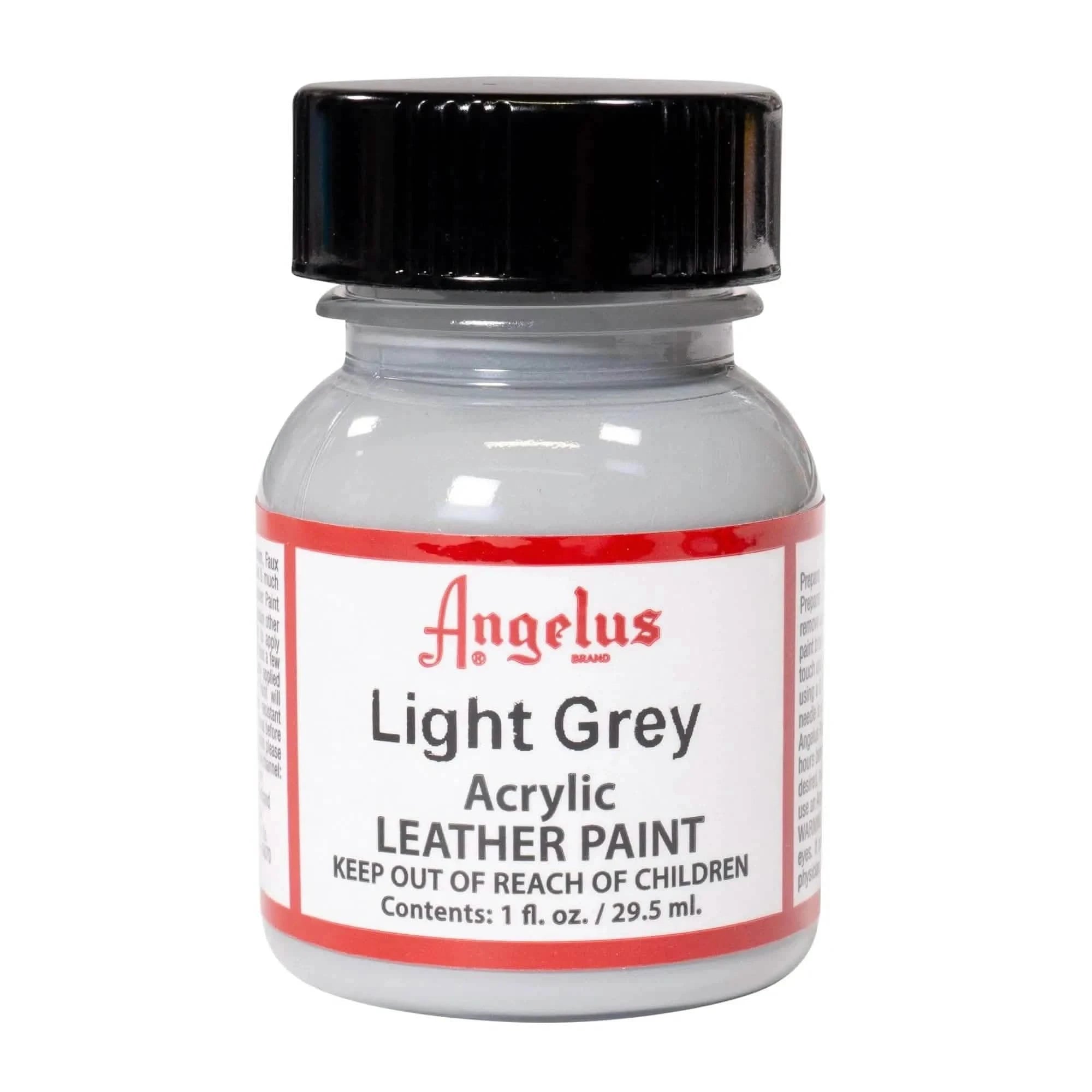 Technical view of an Angelus Light Grey Acrylic Leather Paint bottle with professional gold labeling.