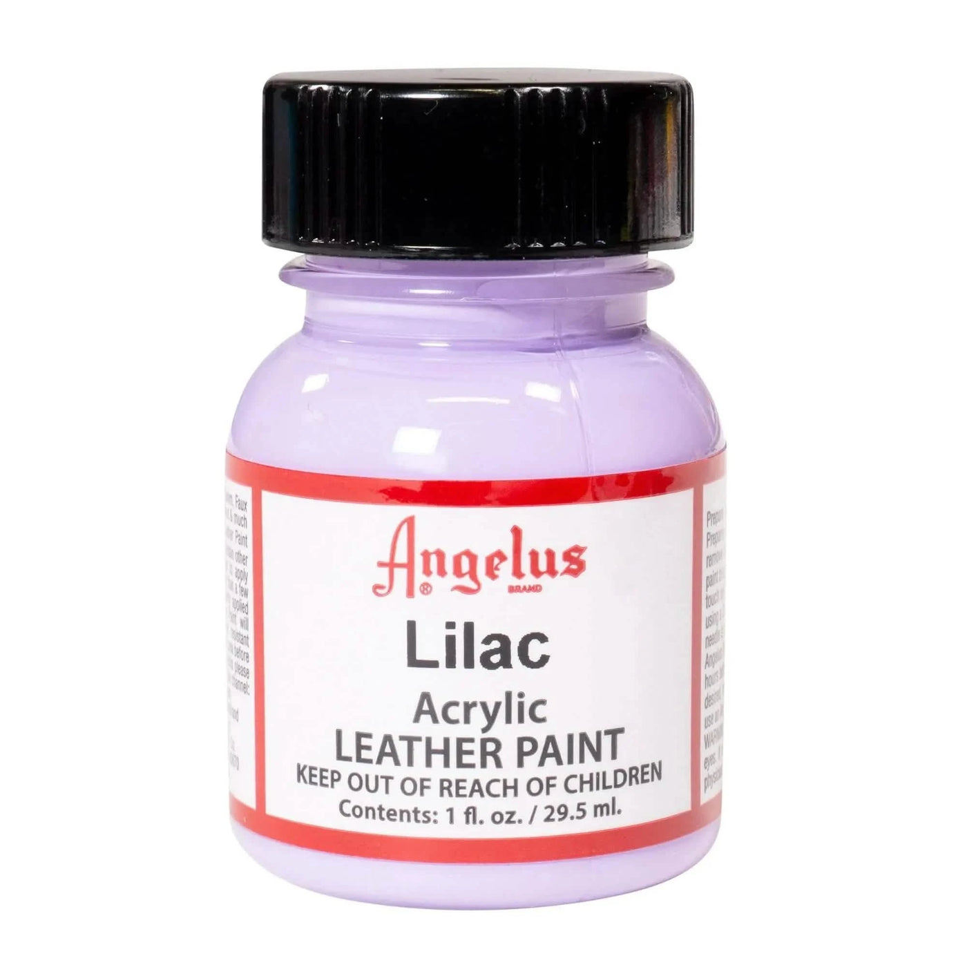 Technical view of a bottle of Angelus Lilac Acrylic Leather Paint with professional gold labeling.