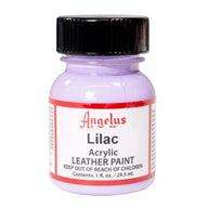 Technical view of a bottle of Angelus Lilac Acrylic Leather Paint with professional gold labeling.