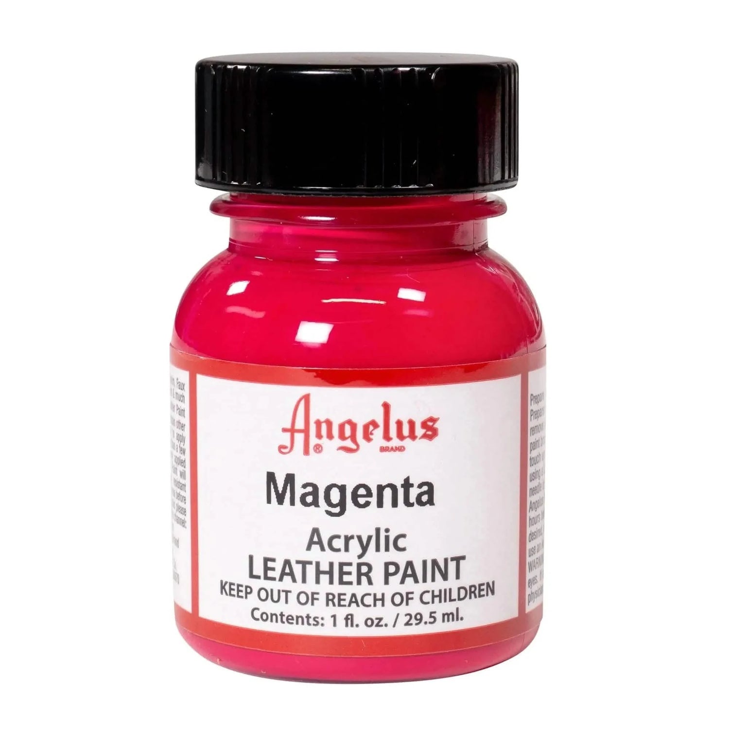 Technical view of a bottle of Angelus Magenta Acrylic Leather Paint with professional gold labeling.