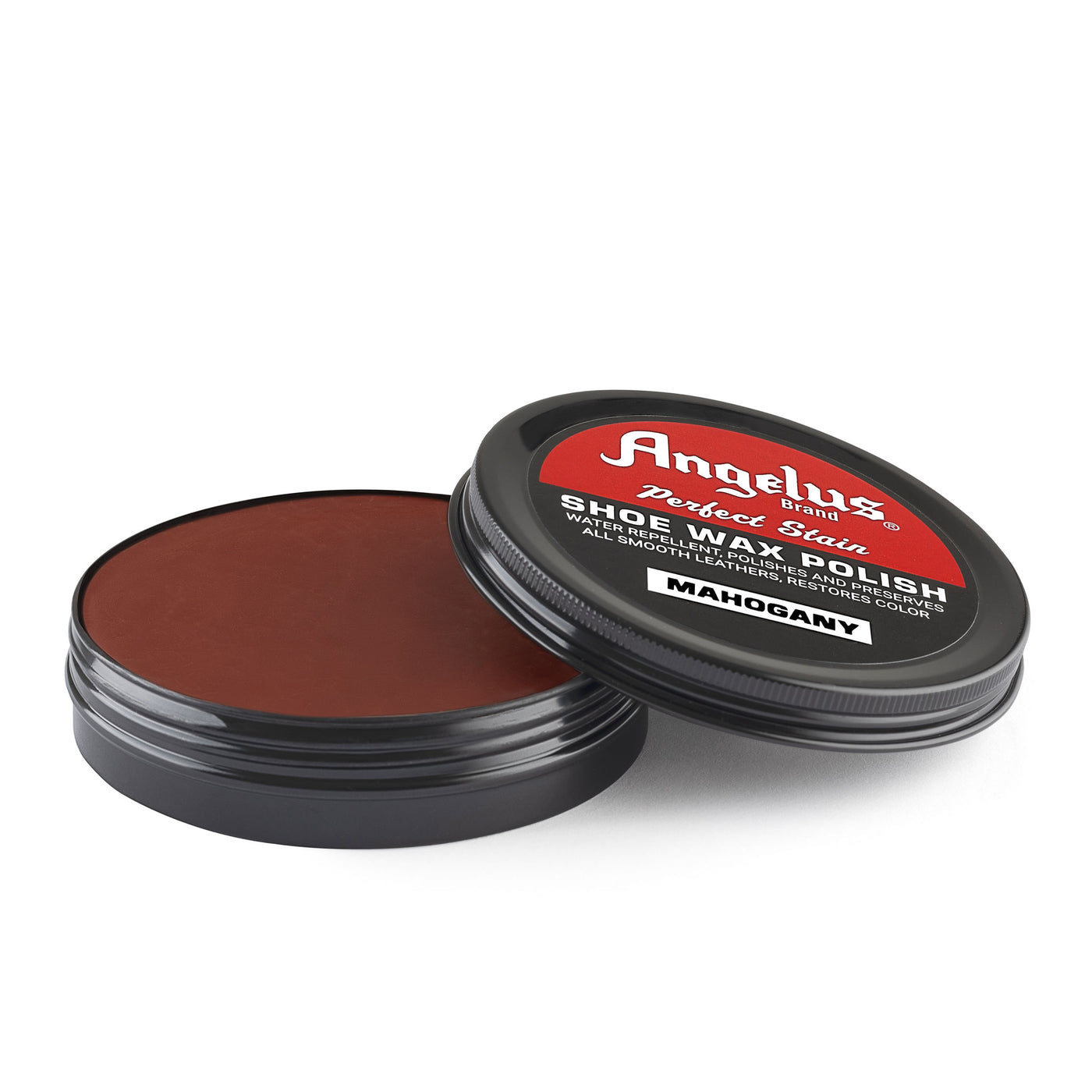 Angelus Mahogany Shoe Wax Polish - 3/4 angle view of open mahogany wax tin