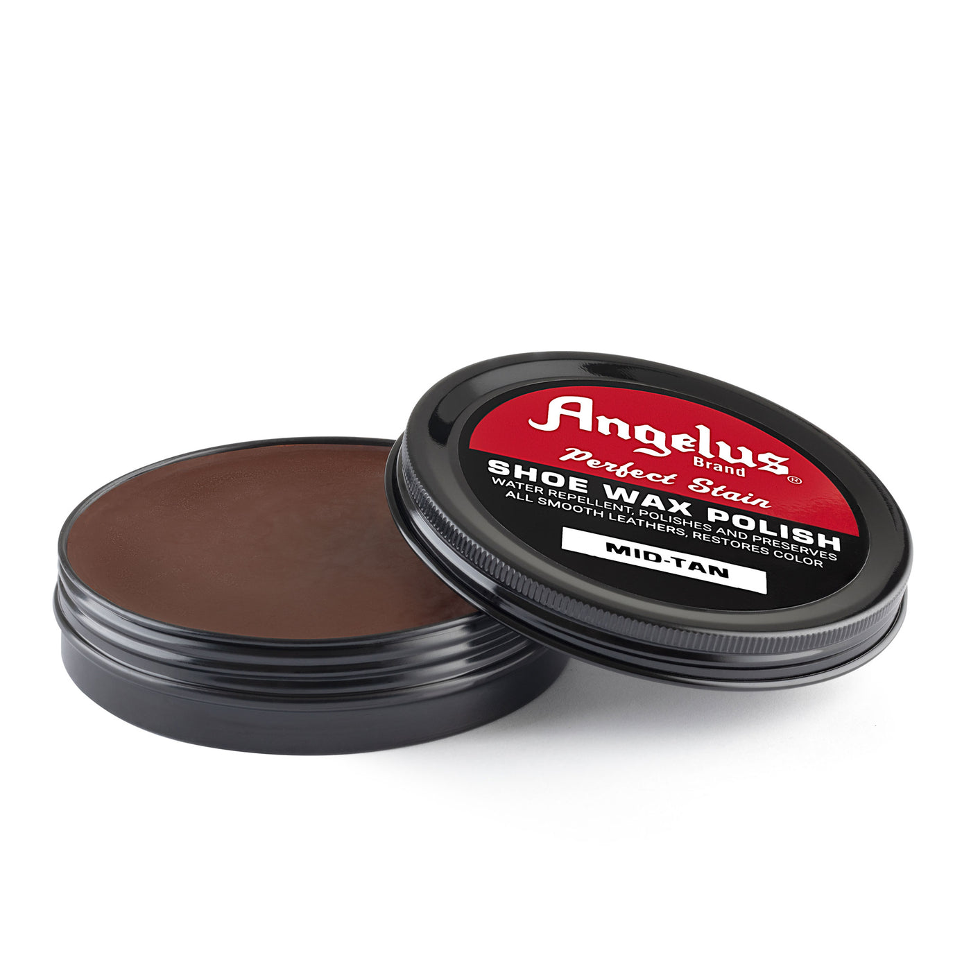 Angelus Mid-Tan Shoe Wax Polish - 3/4 angle view of open medium tan wax tin