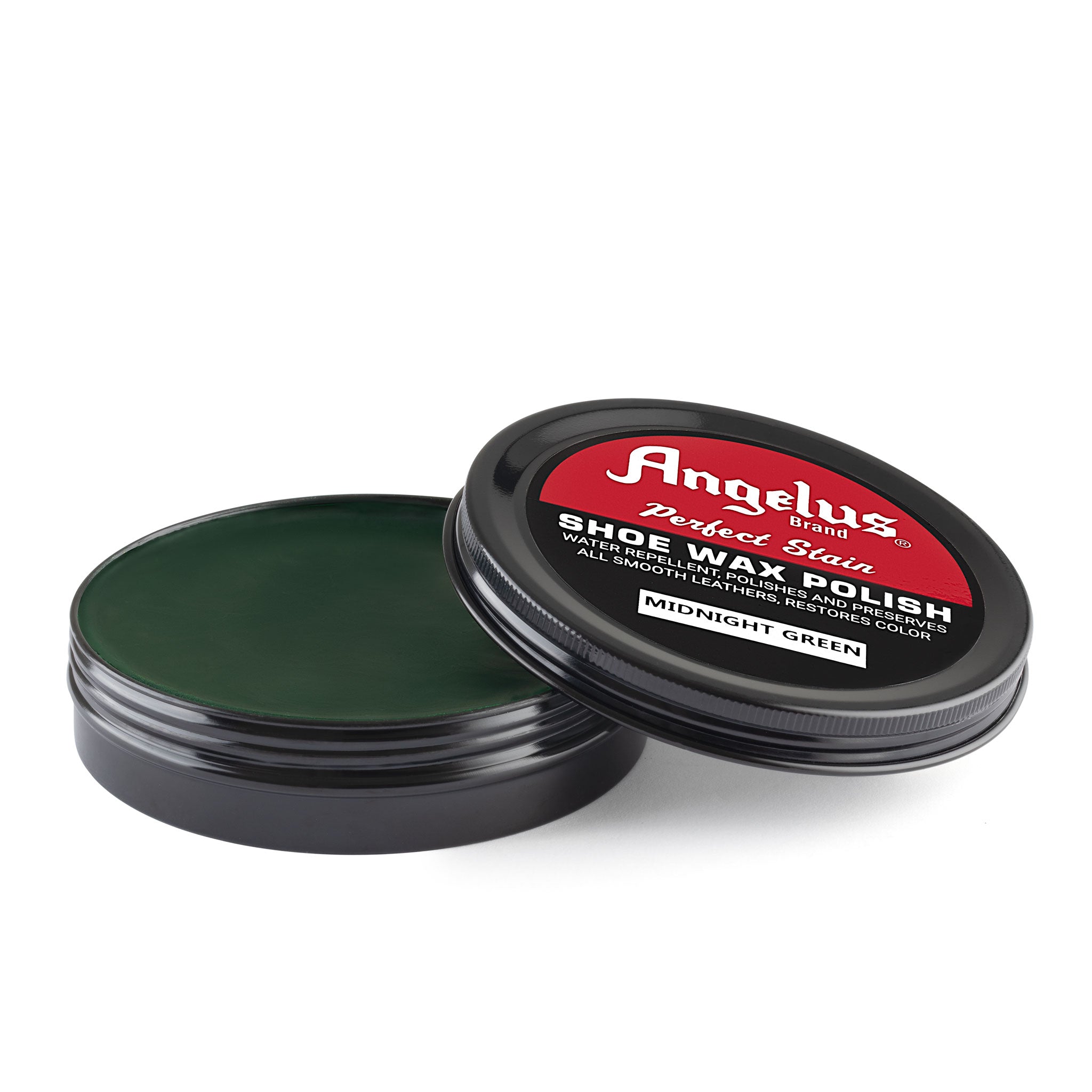 Angelus Midnight Green Shoe Wax Polish - 3/4 angle view of open dark green wax tin