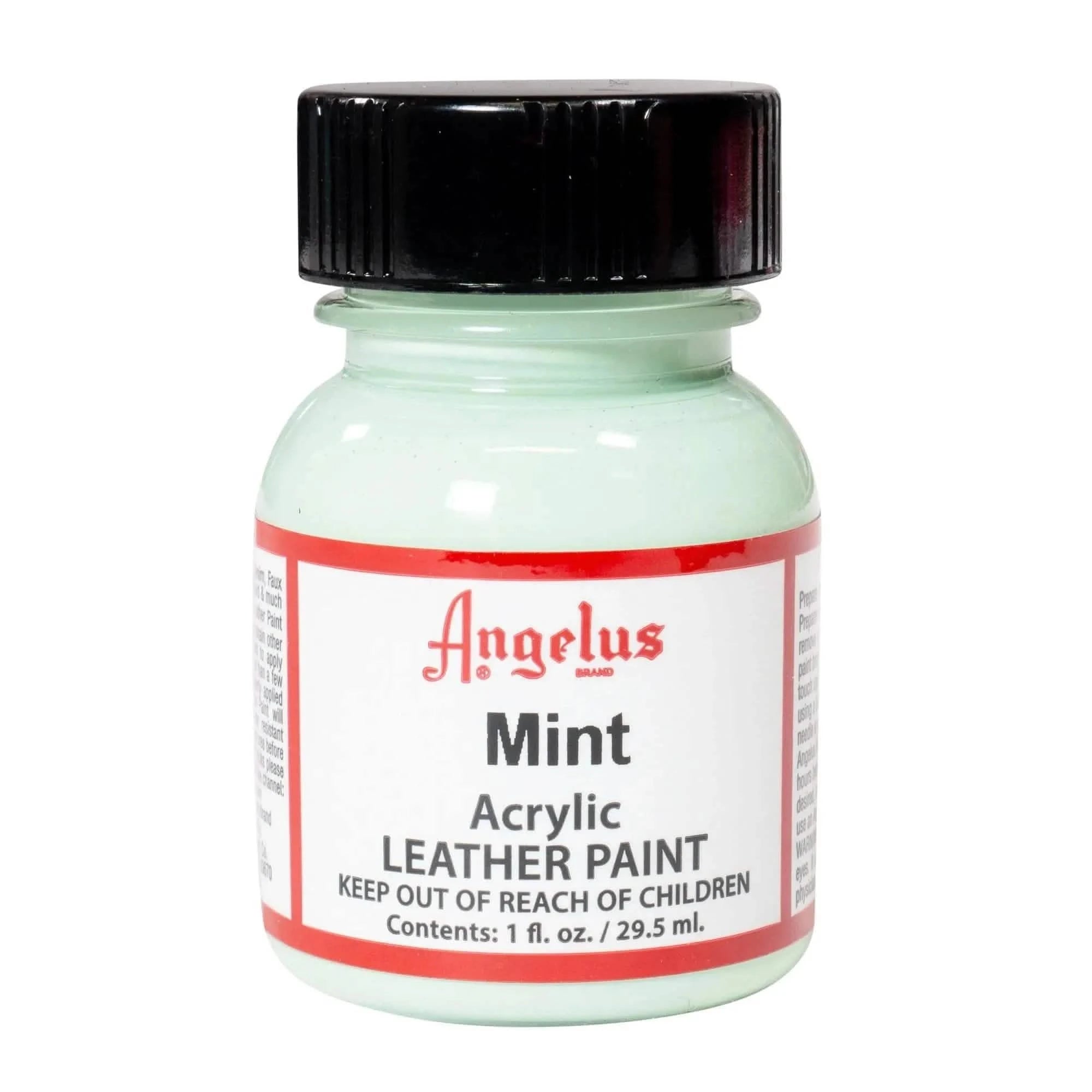 Technical view of a bottle of Angelus Mint Acrylic Leather Paint with professional gold labeling.