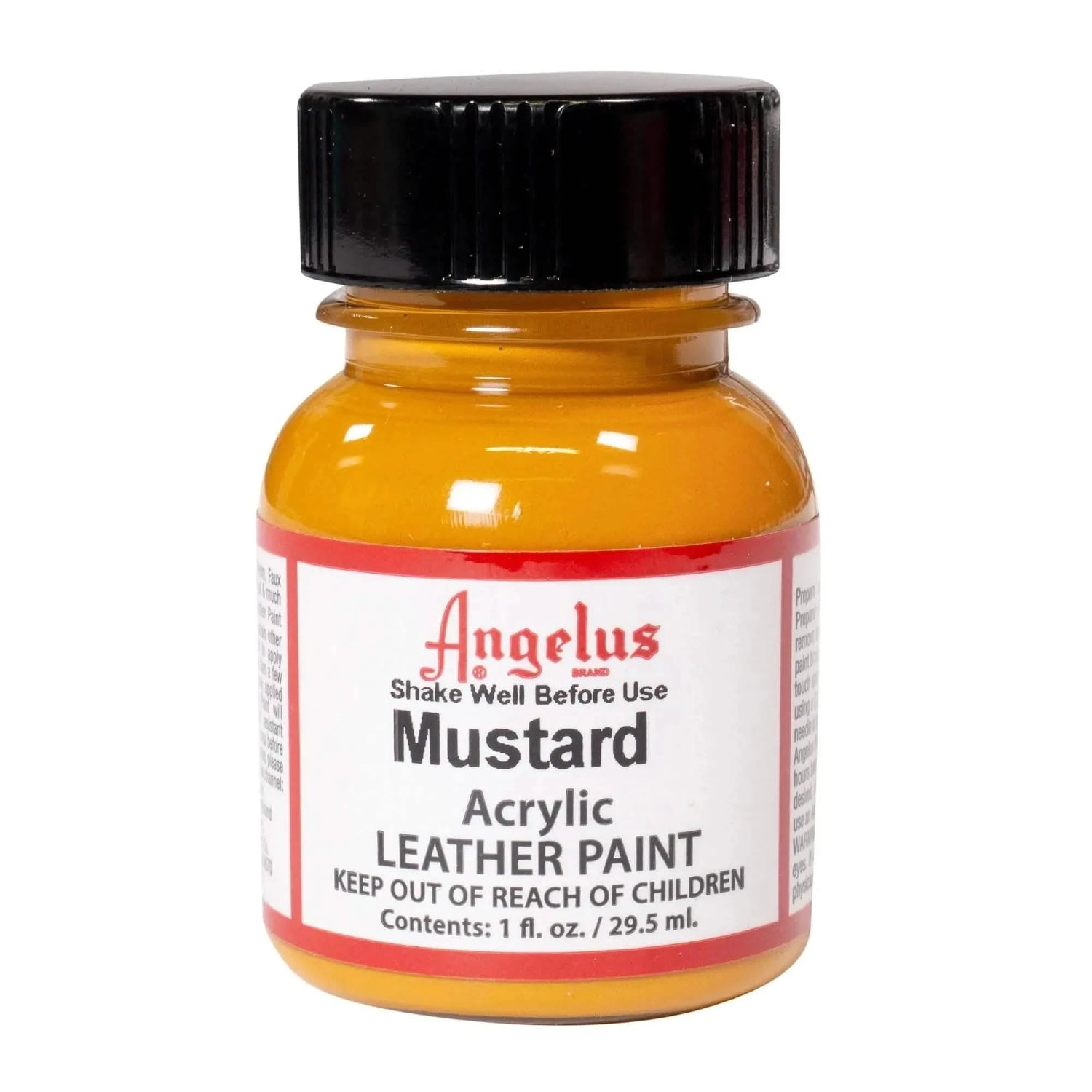 Technical view of a bottle of Angelus Mustard Acrylic Leather Paint with professional gold labeling.