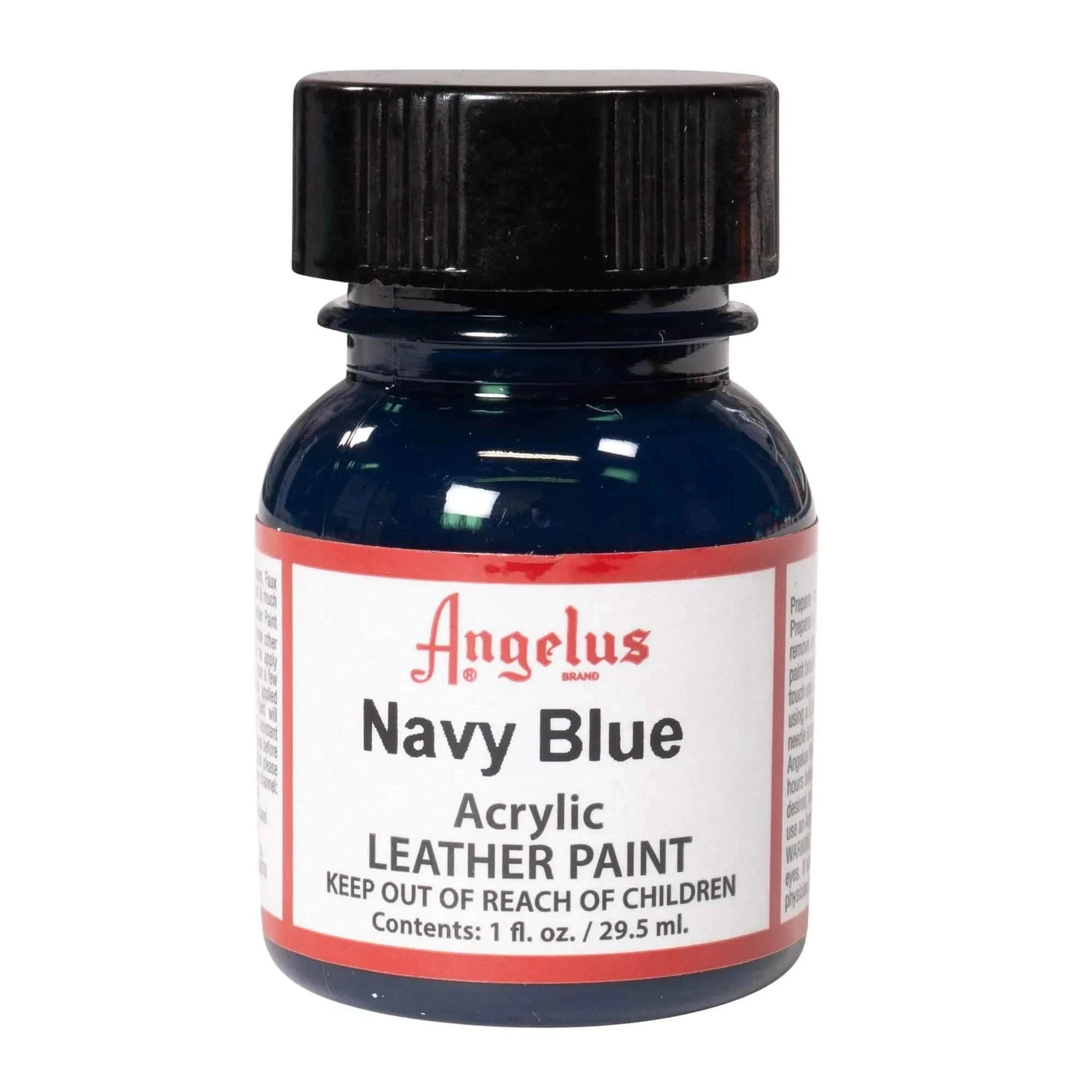 Technical view of a bottle of Angelus Navy Blue Acrylic Leather Paint with professional gold labeling.